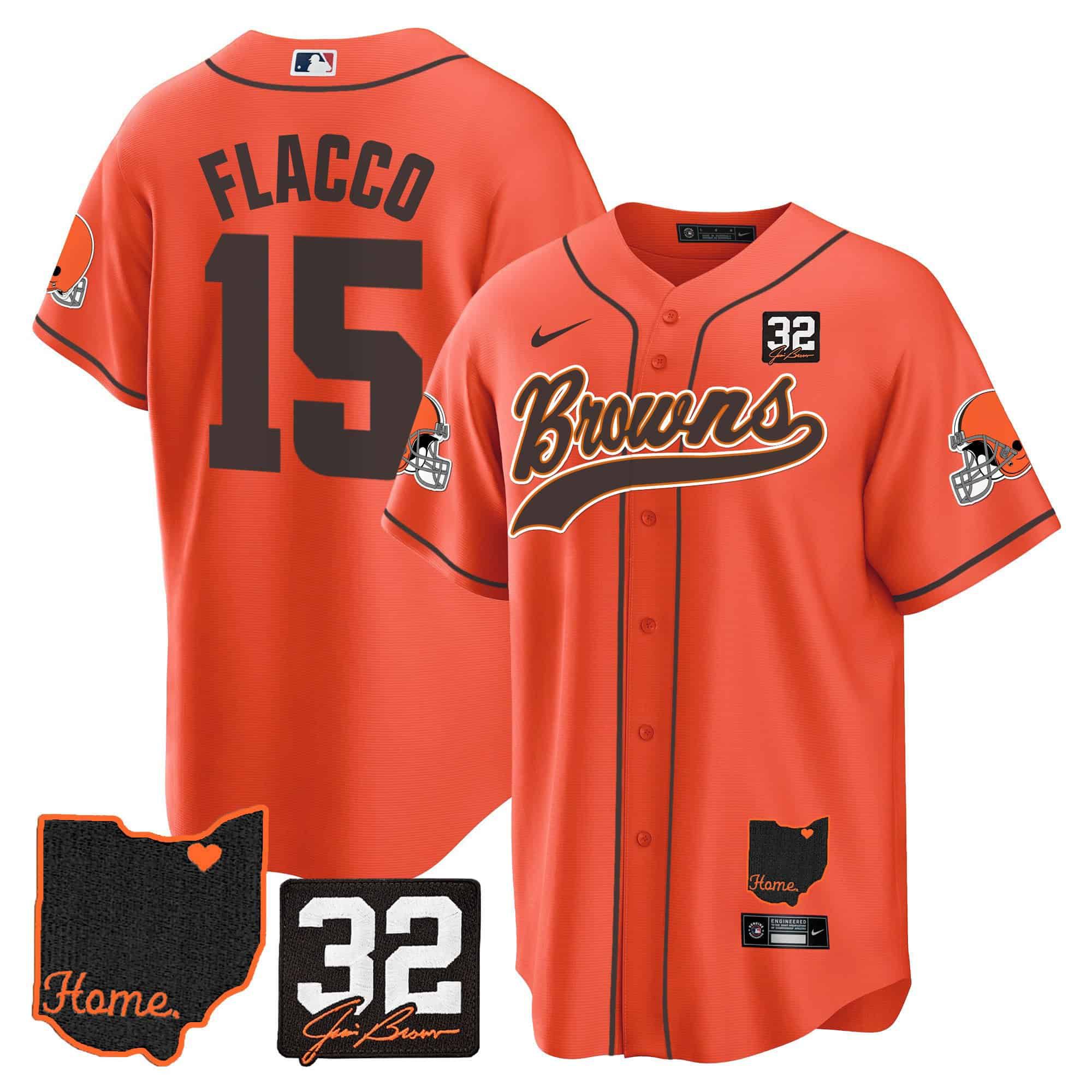 Men Cleveland Browns 15 Flacco Orange Memorial Home Patch Baseball 2024 Nike NFL Jersey